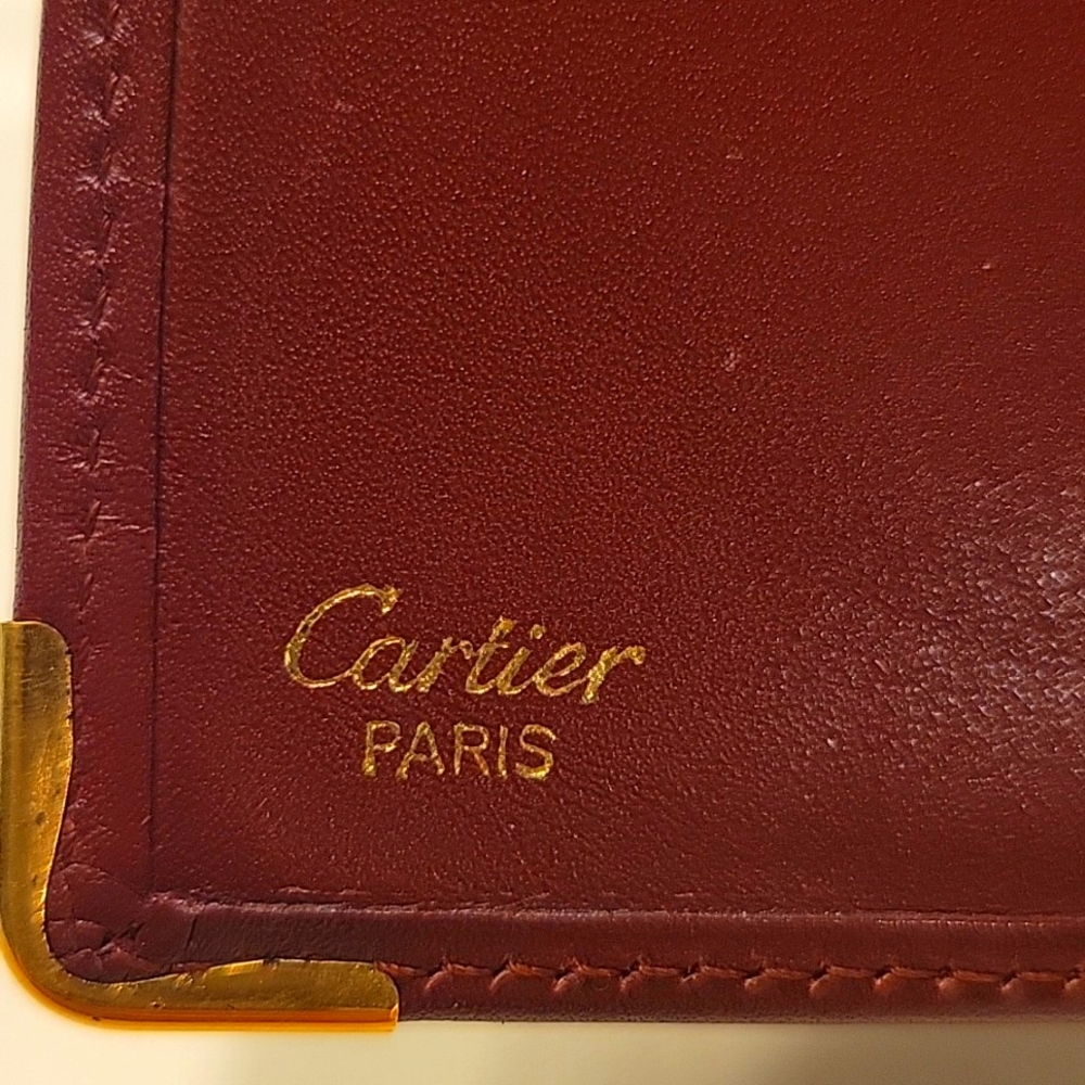 Authentic Les Must De Cartier Leather Bifold Wallet Bordeaux Gold Tone corners - Picture 3 of 10